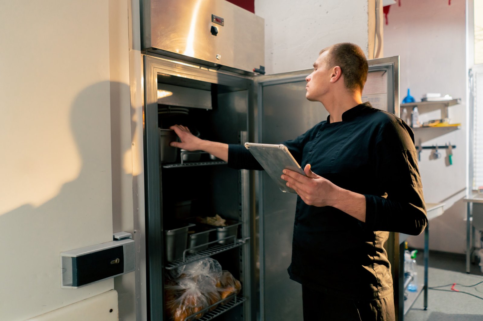 chef stands in a professional kitchen in a black uniform and looks through what is on the list in the refrigerator
